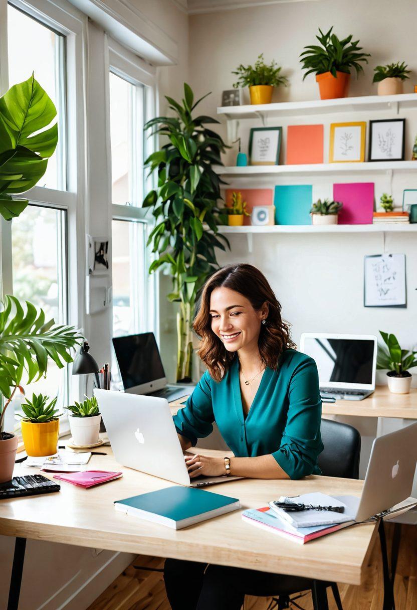 A modern home office filled with vibrant colors and cozy decor, featuring a stylish desk with a laptop and cheerful stationery, surrounded by plants and motivational art on the walls. A woman with a joyful expression is working, embodying positivity and productivity. Soft natural light streams in from a large window, creating an inviting atmosphere. The scene conveys a sense of balance and happiness, ideal for inspiring a cheerful work environment. super-realistic. vibrant colors. warm lighting.
